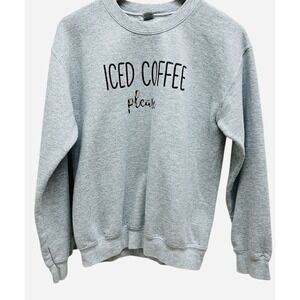 Gildan Iced Coffee Please Sweatshirt S Gray Leopard‎ Print Cursive Graphic Cozy